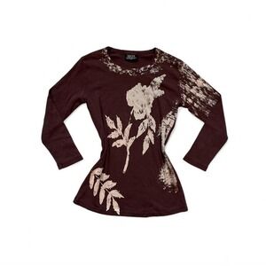 VTG y2k mocha brown floral‎ bleach dyed printed longsleeve grunge top small